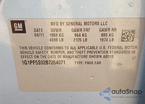 2011 Chevrolet Cruze 1Lt z USA, uszkodzony, nr VIN 1G1PF5S92B7264071